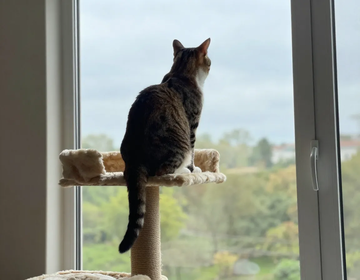 Confident cat perched high on a cat tree looking out a window