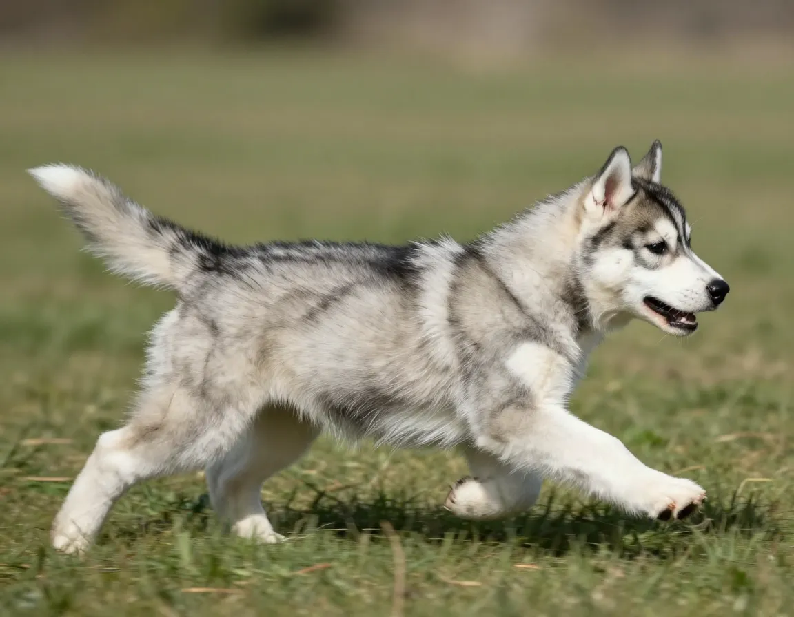 Agouti grey husky puppy with banded hairs complex pattern