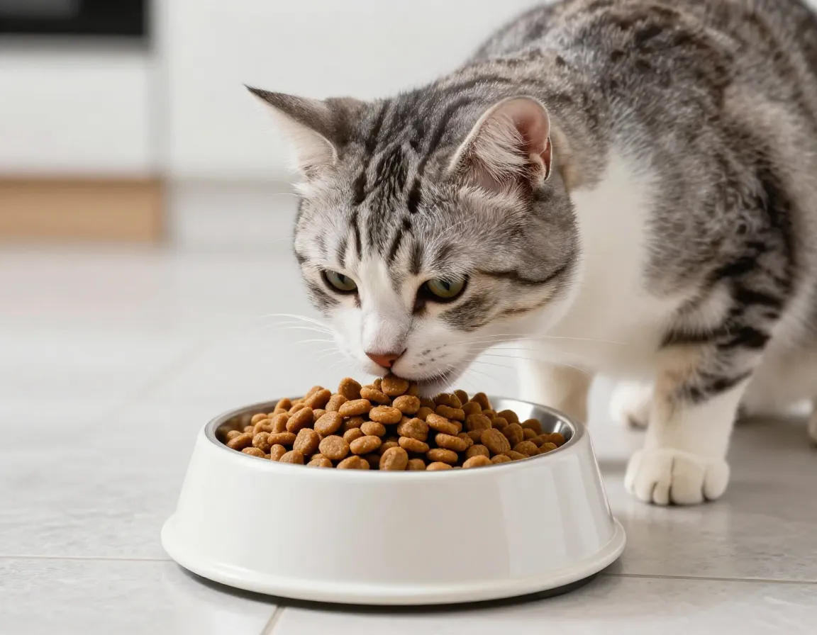 Cat eating calmly from a full bowl in a clean kitchen
