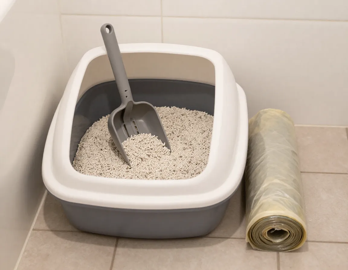 Clean litter box in a bathroom with scoop and bag nearby