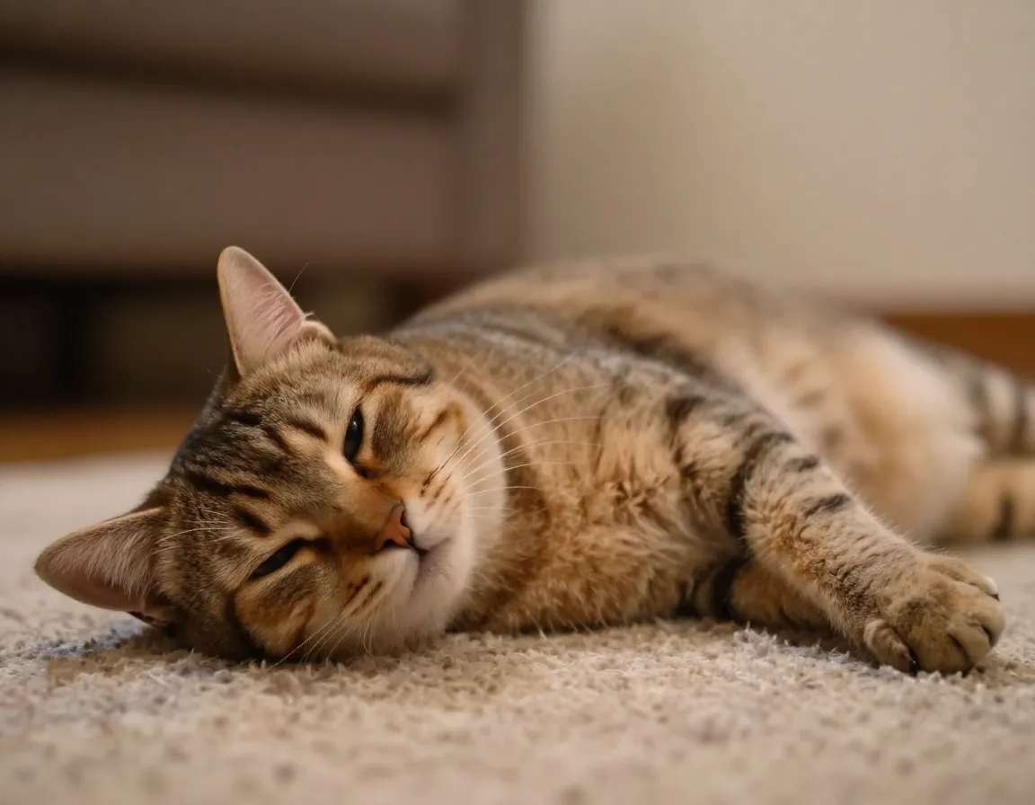 Cat showing relaxed belly and slow blink on a soft rug