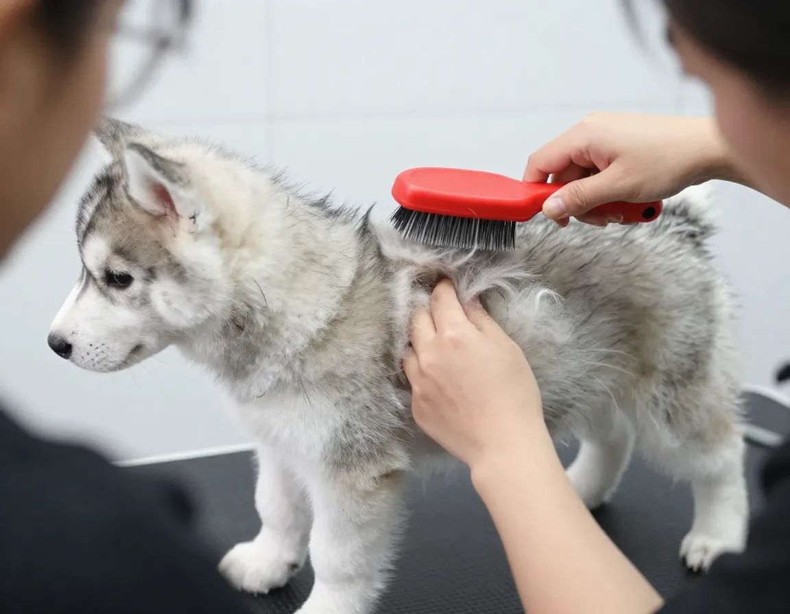 Grey husky puppy being groomed with slicker brush tool