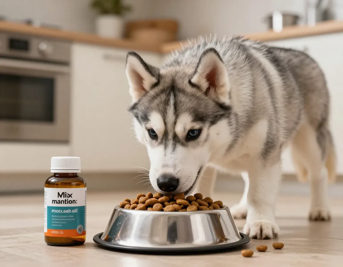 Grey husky puppy eating from bowl with healthy nutrition