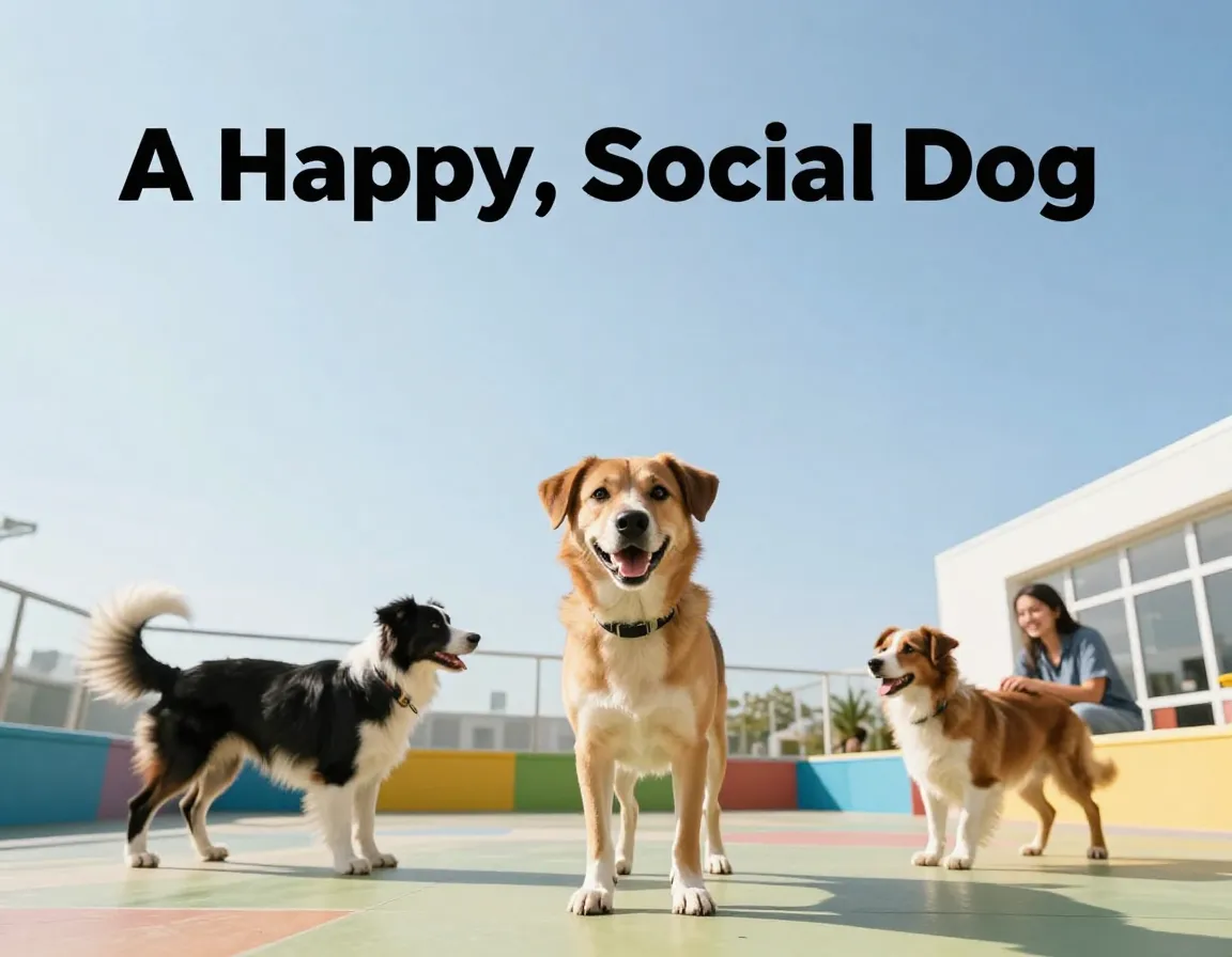 Happy social dog modern daycare playroom confident interaction clean bright