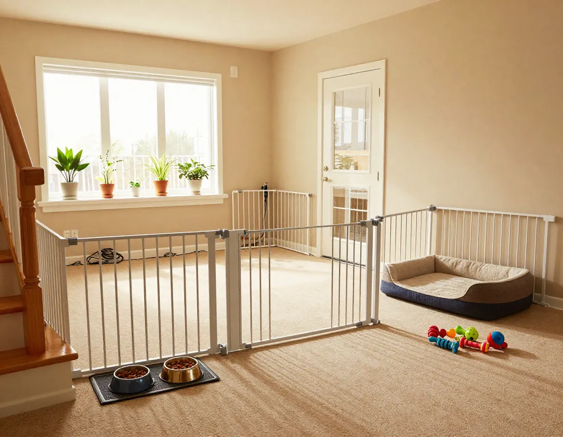 Puppy proofed home with safety gates and designated sleeping feeding areas