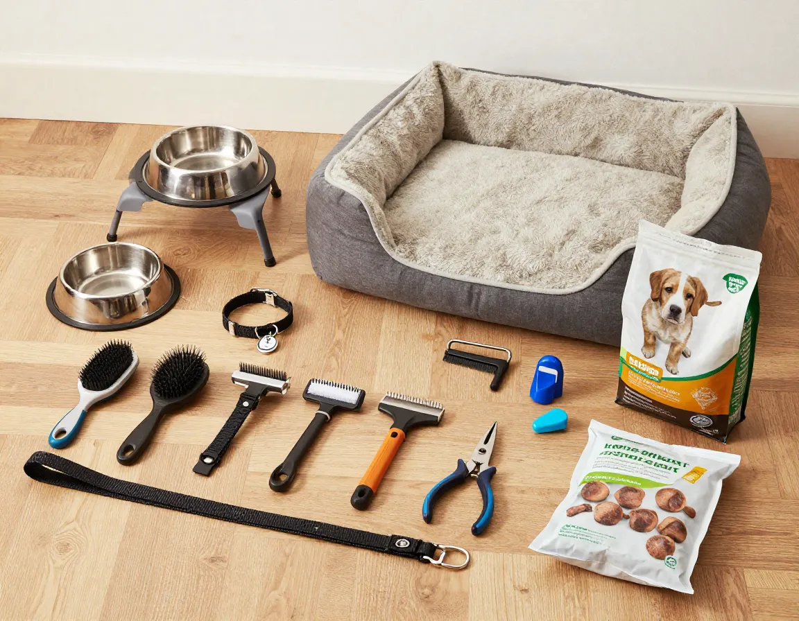 Large breed puppy supplies including food bowls grooming tools and bed