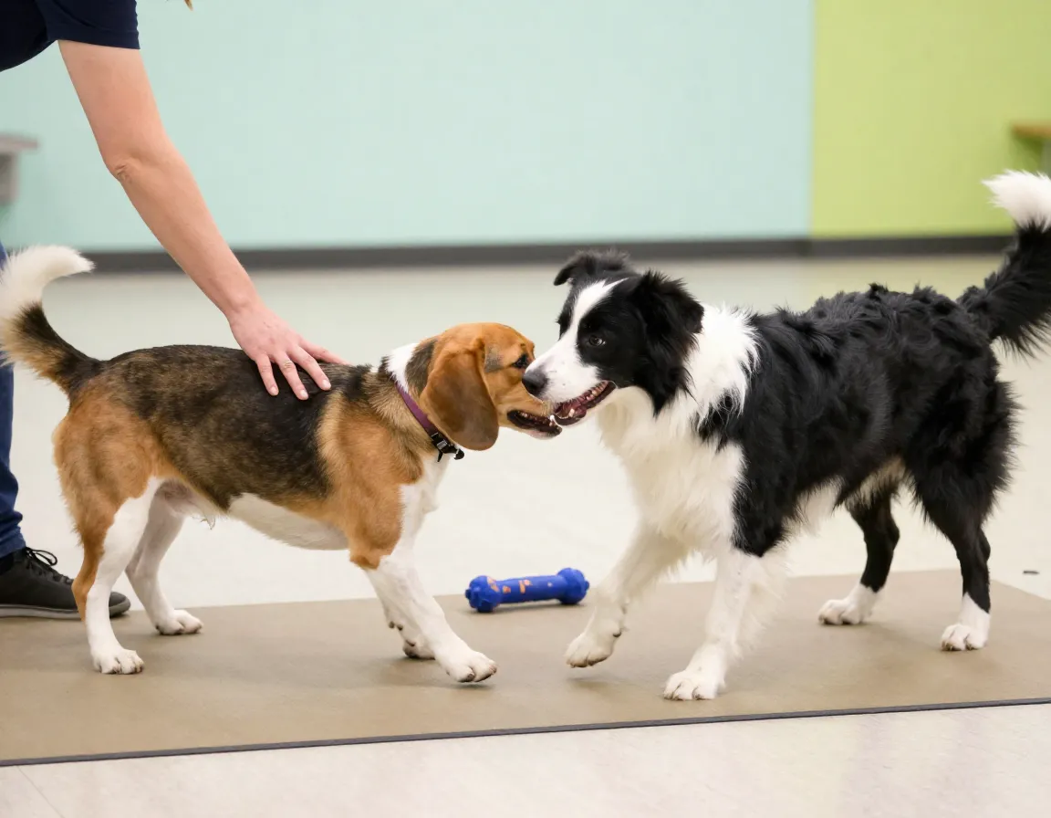Two dogs engaging in supervised polite play with proper social etiquette