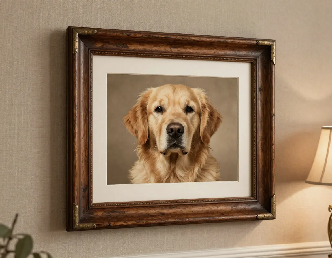 Vintage inspired golden retriever portrait in ornate wooden frame