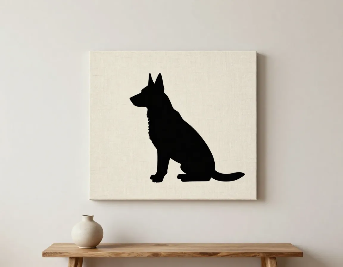 Minimalist black dog silhouette on textured linen canvas wall