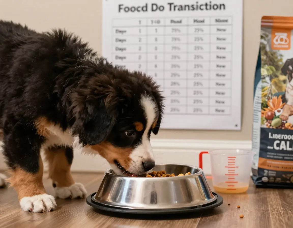 Puppy eating from bowl with feeding schedule and food transition chart