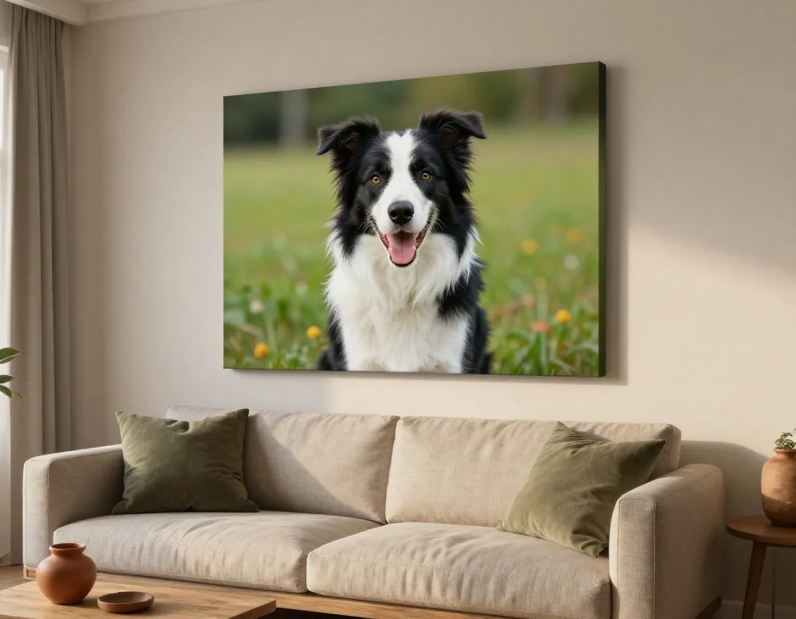Large format canvas print of dog photograph in living room