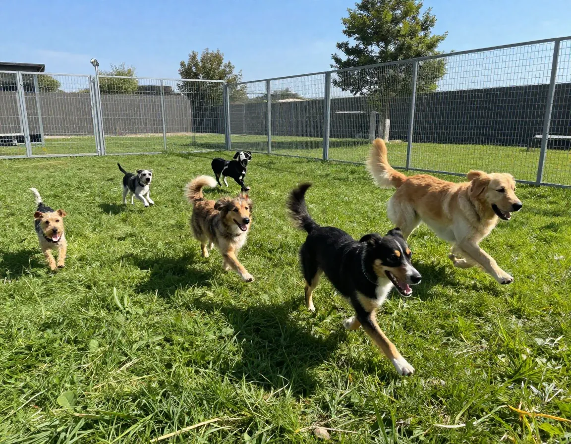 Group of dogs running and playing in a large secure outdoor daycare yard