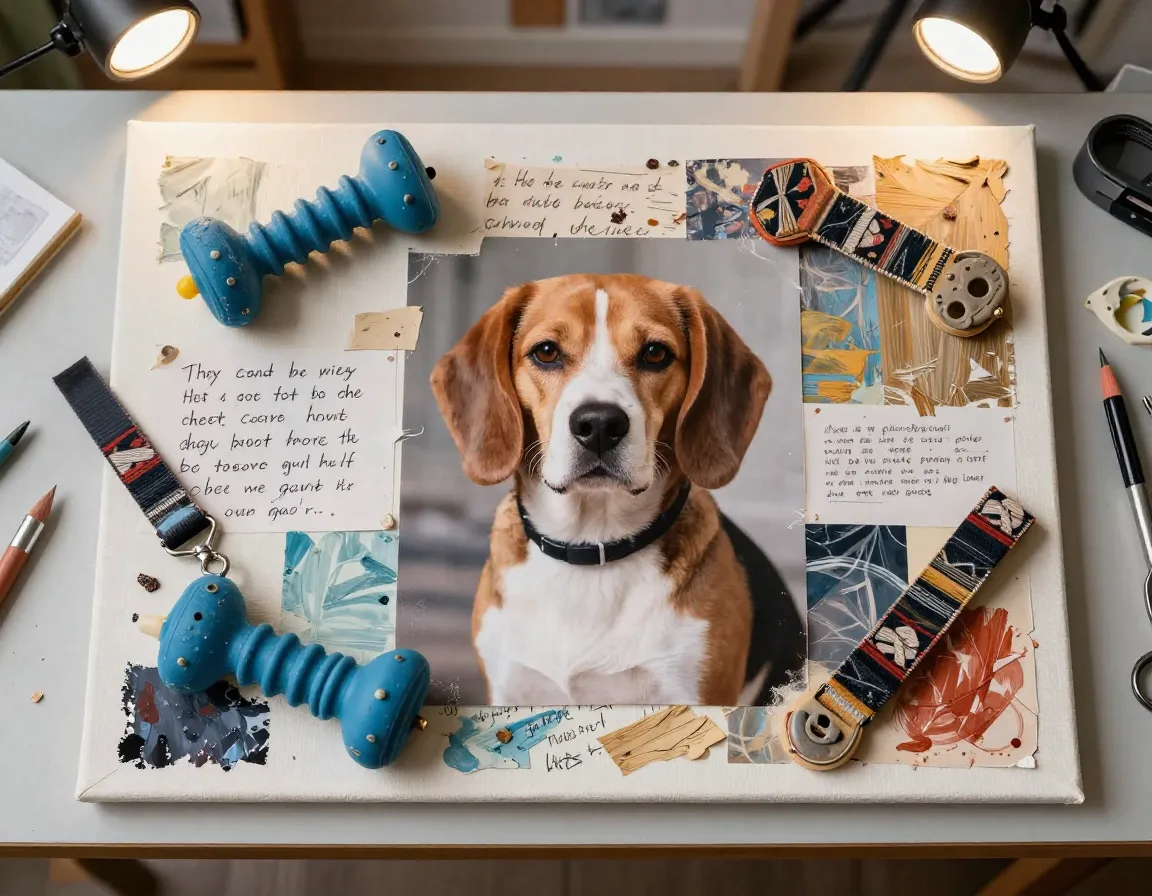 Mixed media collage artwork featuring dog toys and photos