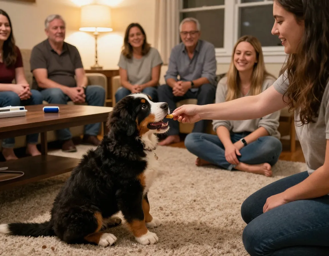 Puppy socializing with family and learning basic sit command with treats