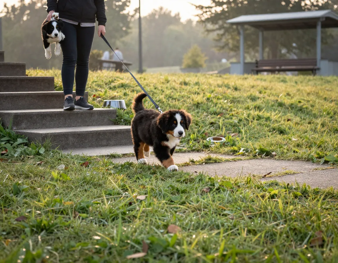 Puppy on gentle walk in park avoiding stairs and strenuous exercise