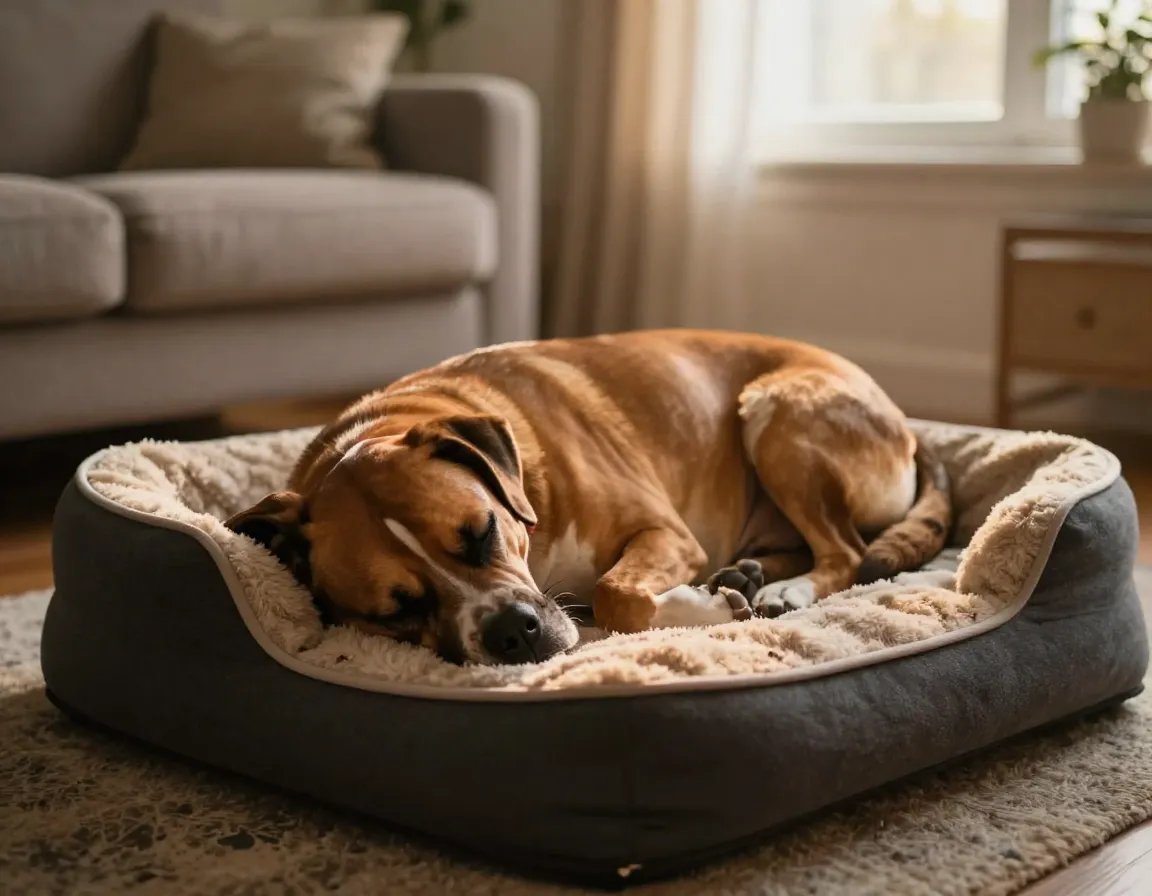 Content tired dog sleeping peacefully on a dog bed at home after daycare