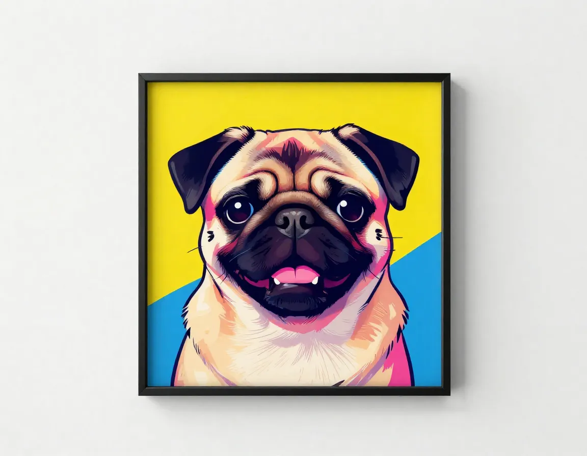 Pop art style digital illustration of smiling pug on wall