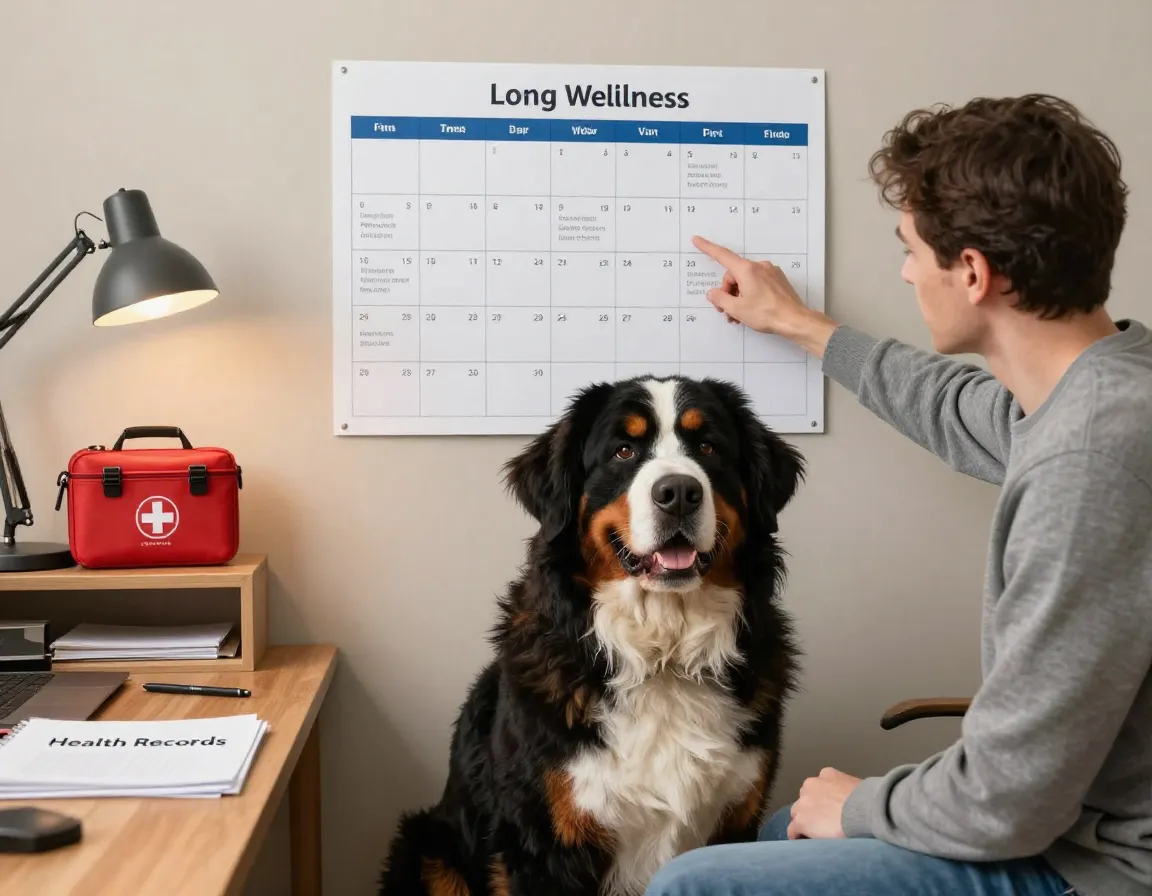 Adult bernese mountain dog with owner planning long term wellness calendar