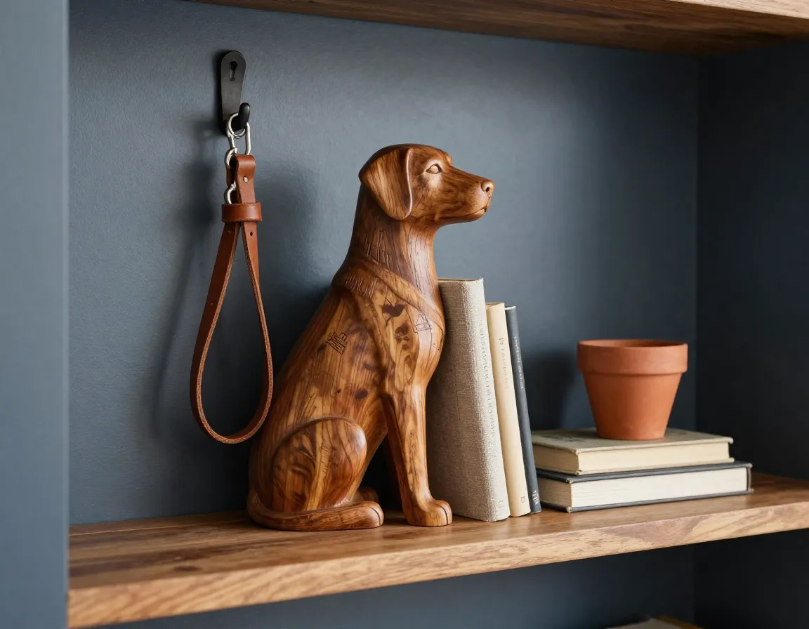 Functional sculptural dog bookend with leash hook art piece