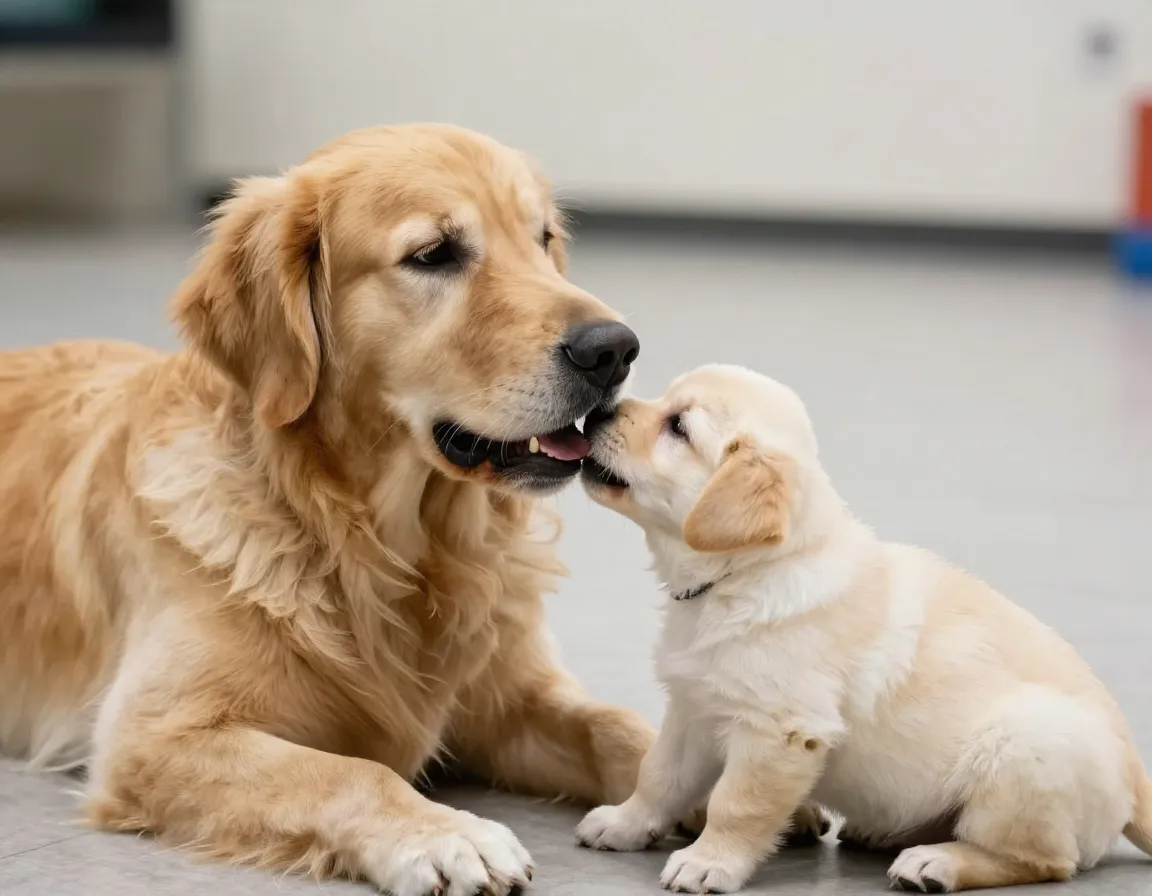 Puppy learning bite inhibition during gentle mouthing play with an older dog