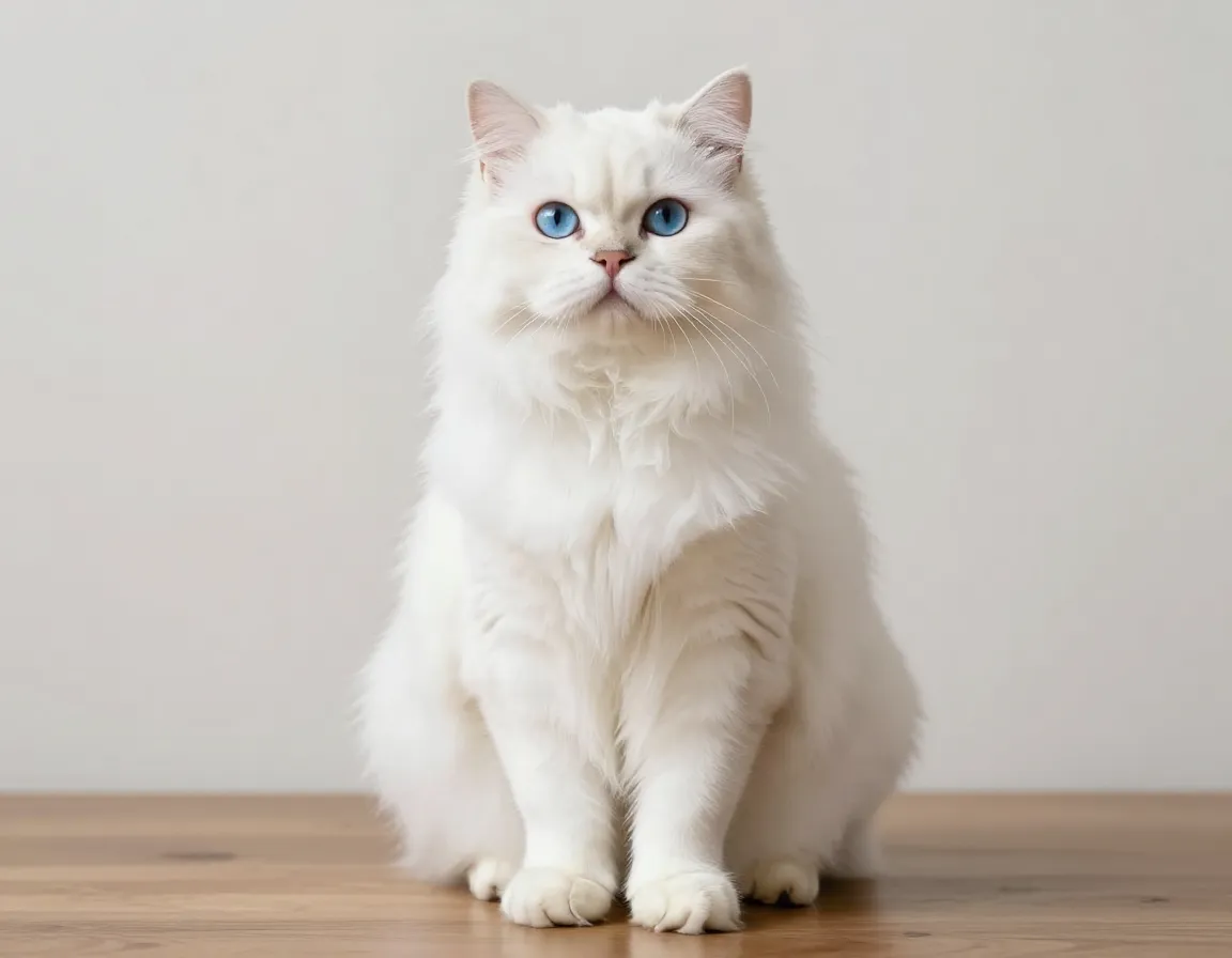 Cat sitting upright regal portrait front paws visible neutral background