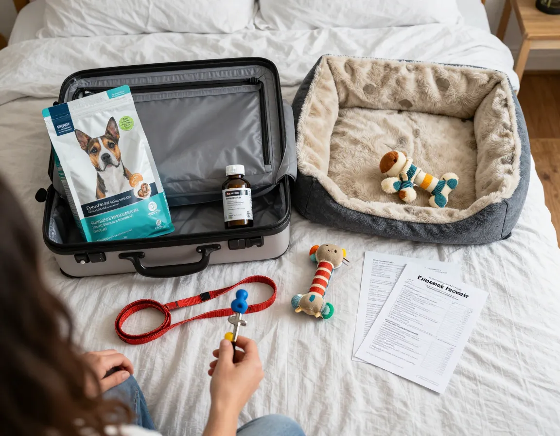 Person preparing dogs things for overnight boarding stay