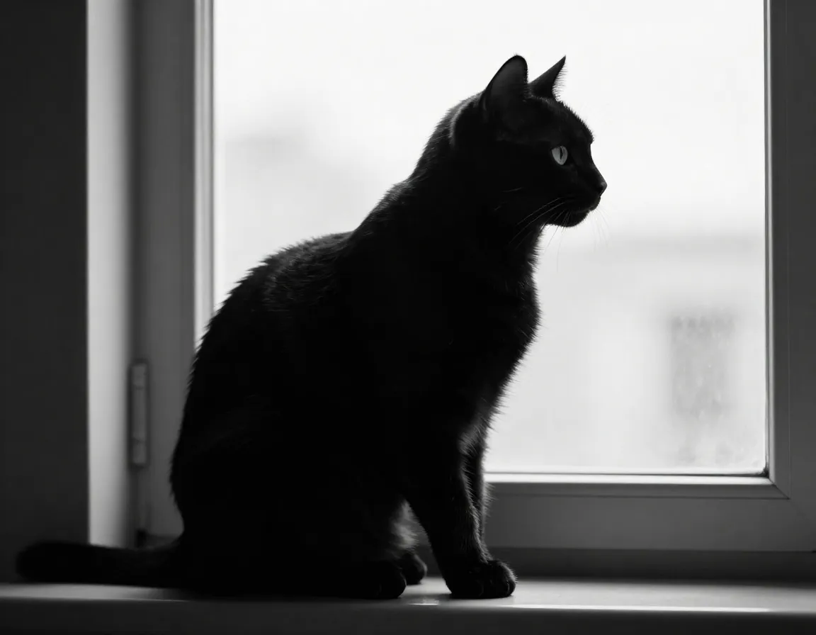 Black cat elegant side profile silhouette against bright window light