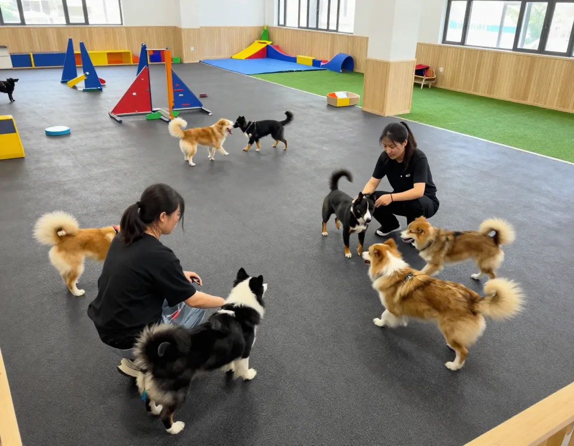 Daycare staff supervising playful dogs in large open area