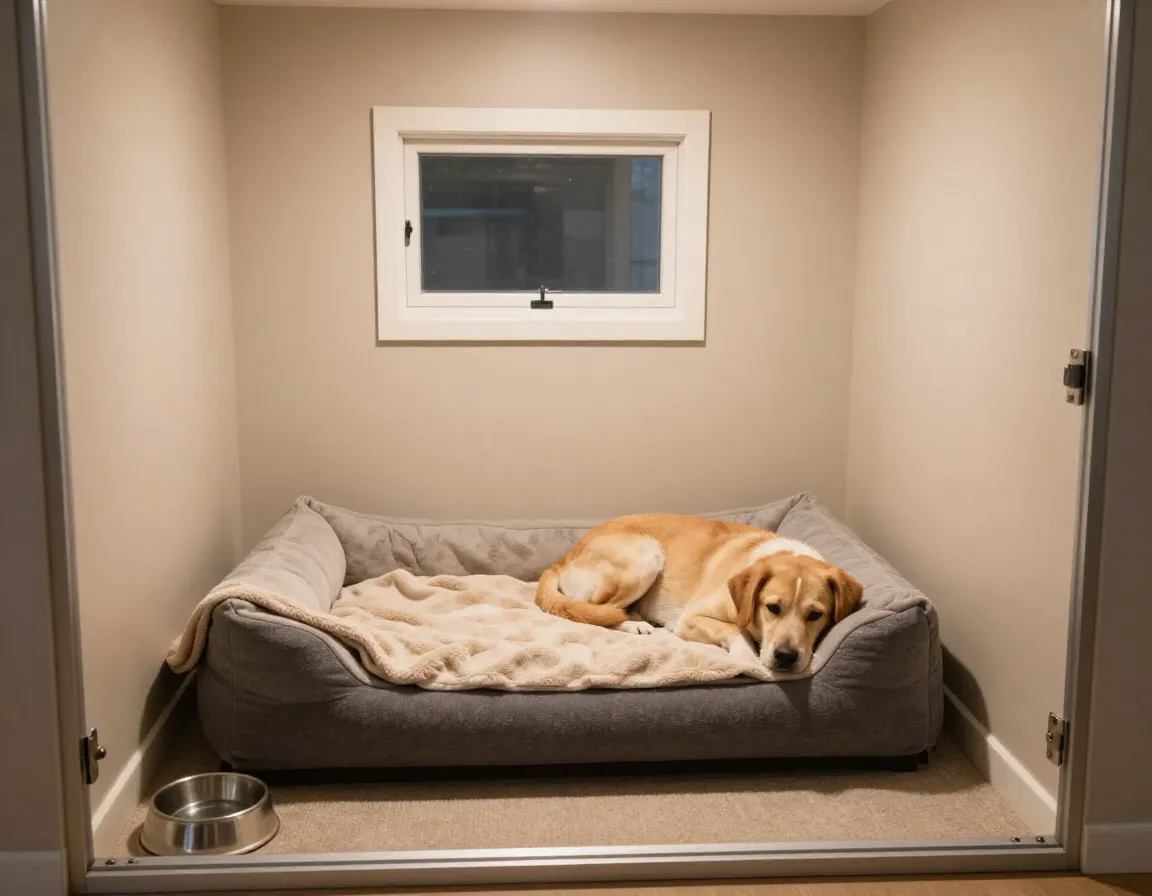 Private boarding suite with comfortable bedding and quiet decor