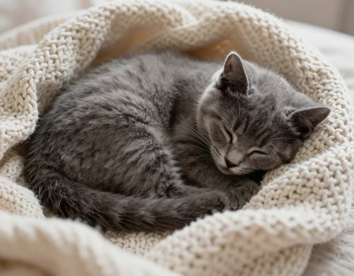 Kitten curled tight circle sleeping peaceful warm blanket closeup