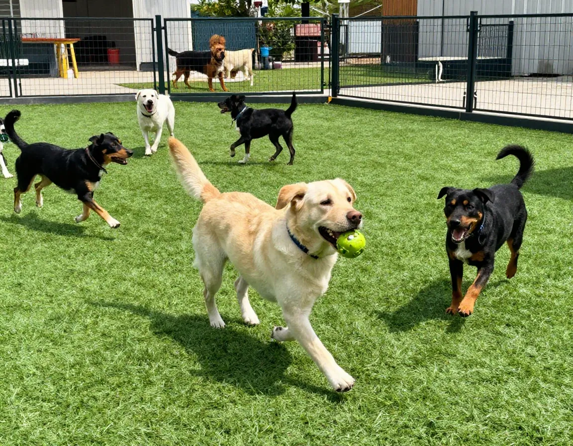 Dog playing happily with other dogs at daycare socialization session