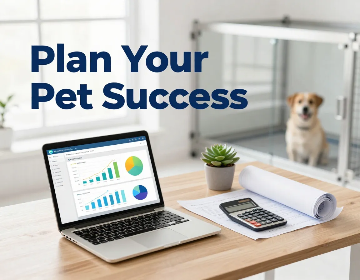 Organized business plan desk with charts blueprint and dog in kennel background