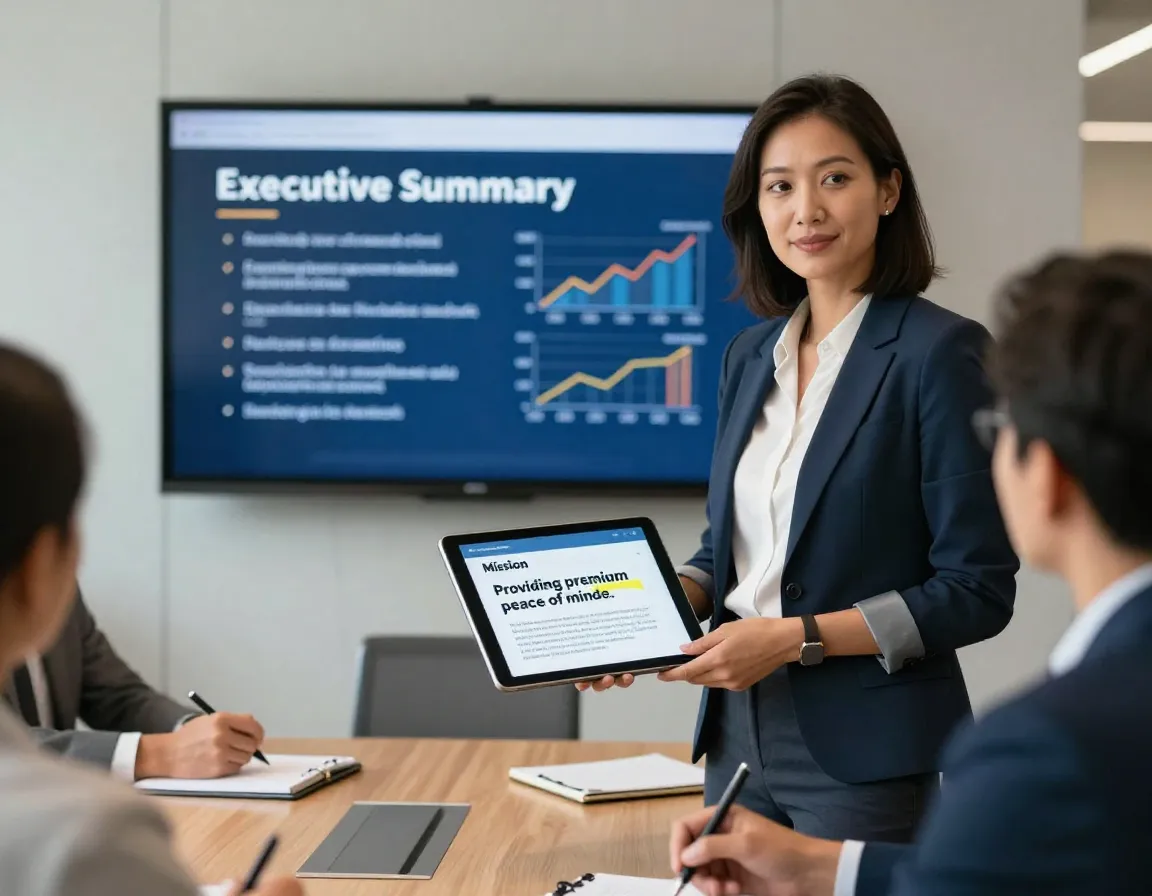 A business owner presenting an executive summary to investors with mission statement