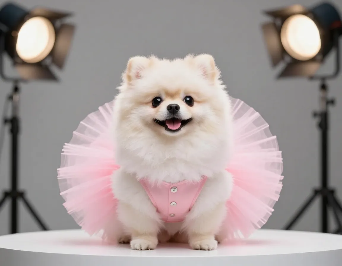 Tiny fluffy pomeranian in pink tutu on elegant stage
