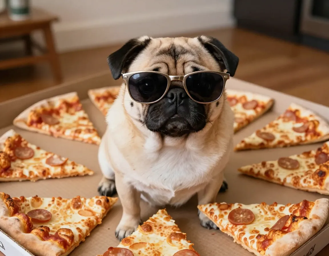 Pug wearing sunglasses surrounded by pizza slices indoors
