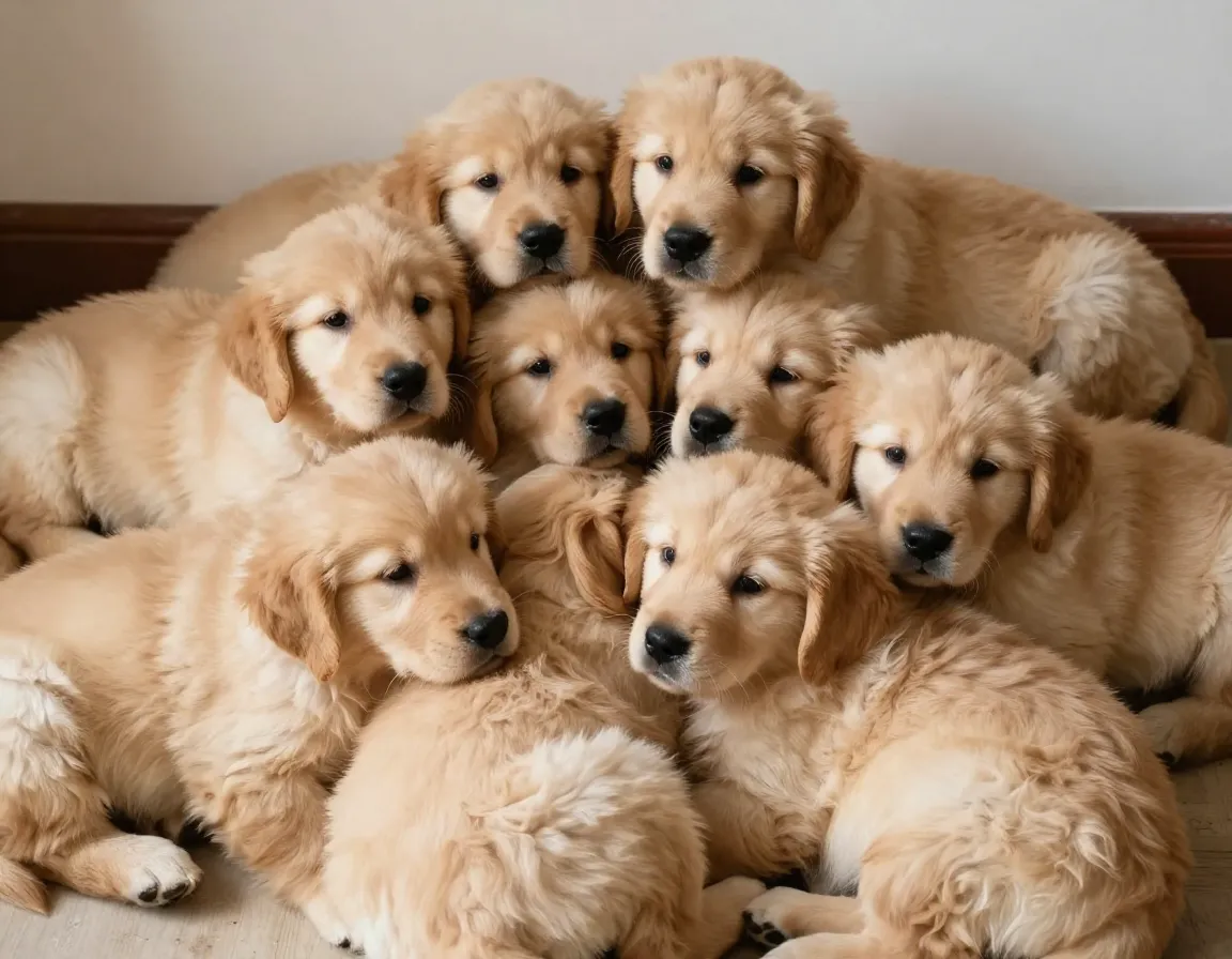 Seven golden retriever puppies cuddled together indoors