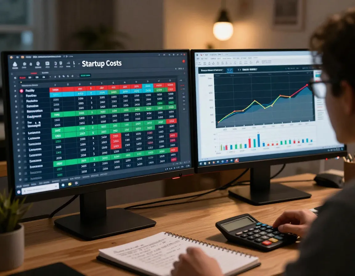 A detailed spreadsheet of startup costs and monthly expenses on a dual monitor setup