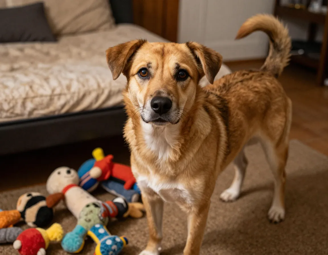 Mixed breed rescue dog with toys on first day home