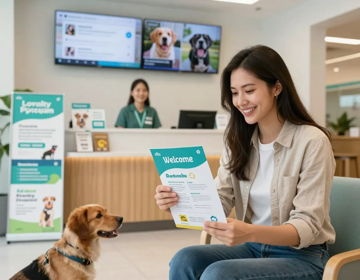 A happy dog owner reading a welcome package in a modern boarding facility lobby
