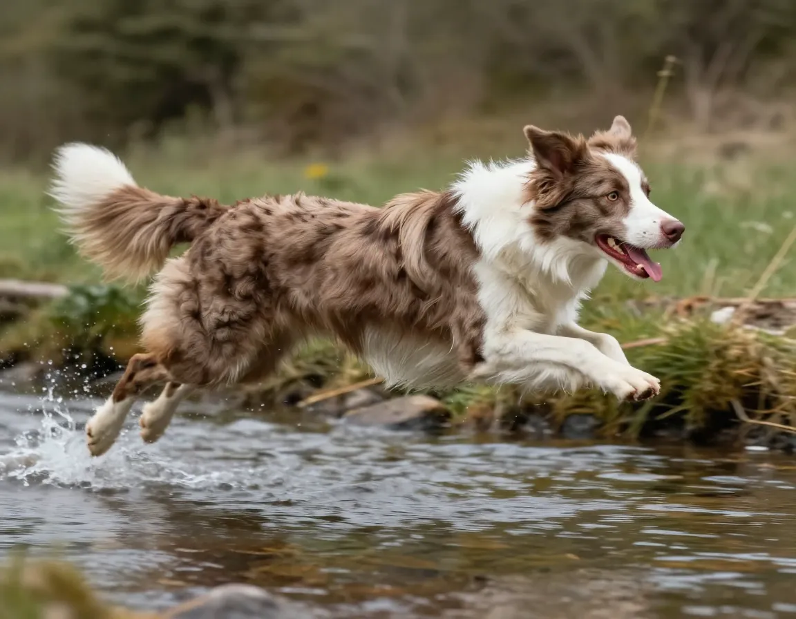 Border collie leaping over a stream in motion blur