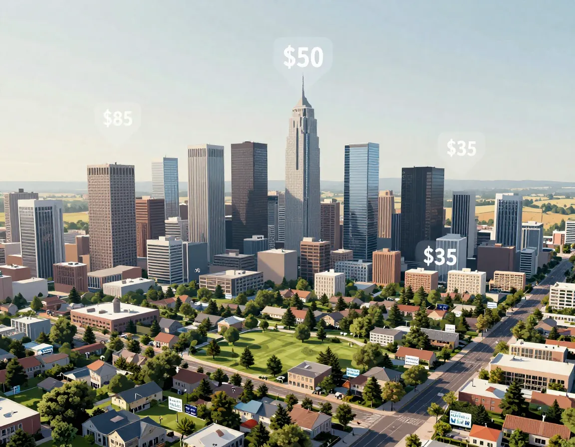 Modern cityscape skyline highlighting dog boarding price variations