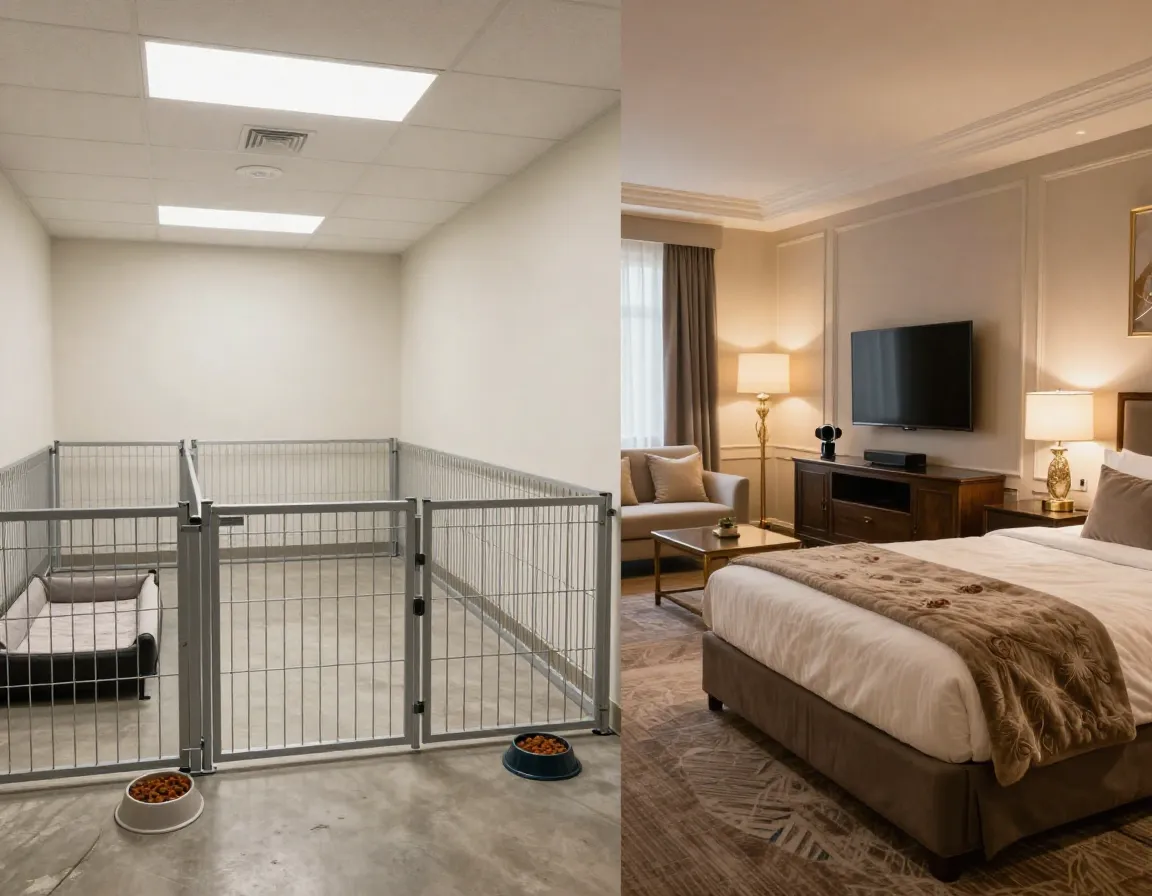 Contrasting standard kennel and luxury dog hotel suite interior