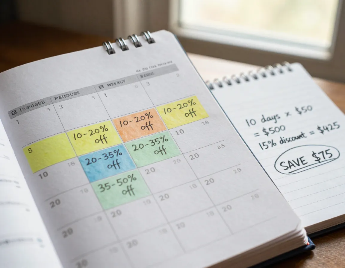 Calendar with extended stay discounts marked for weekly monthly periods