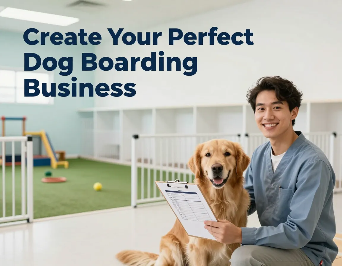 Professional entrepreneur with calm dog in clean modern kennel background