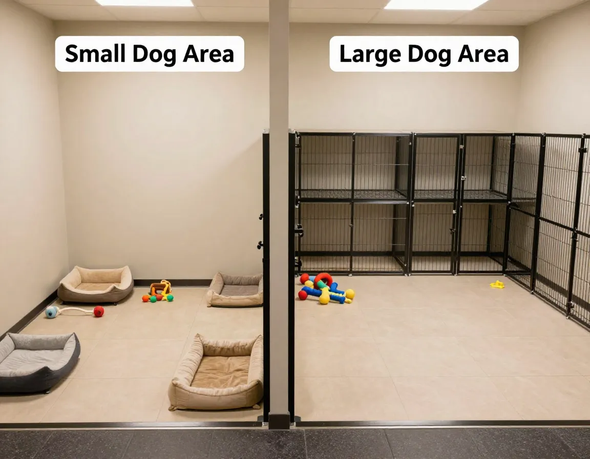 Specialized separate dog boarding areas for size and temperament