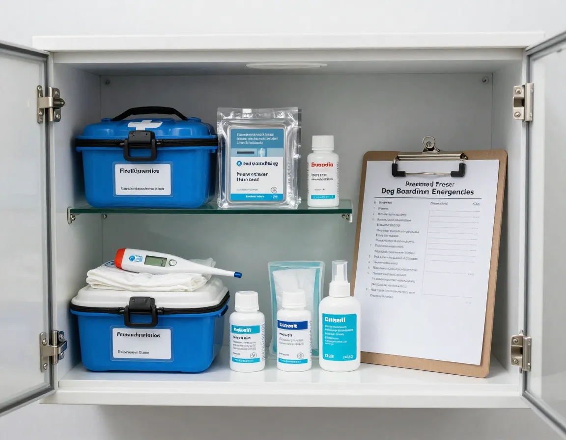 Organized medical preparedness station for dog boarding emergencies