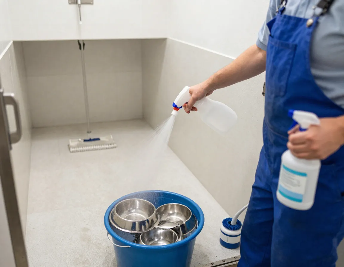 Daily maintenance protocol disinfecting kennels and sanitizing dishes