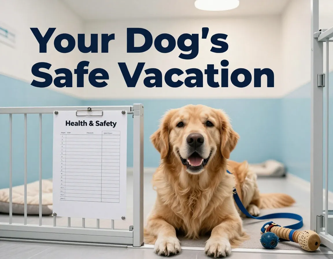 Happy dog in clean modern boarding kennel with safety checklist and toys