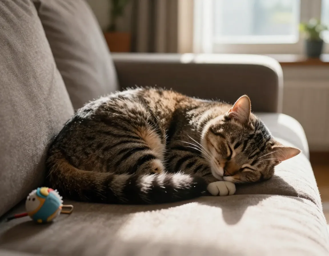 Comfortable cat sleeping on couch in familiar sunlit living room