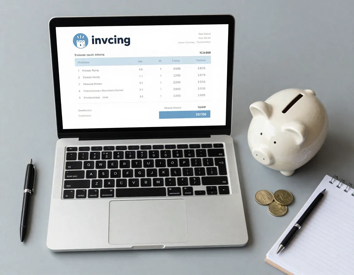 Open laptop showing pet sitting invoice next to piggy bank